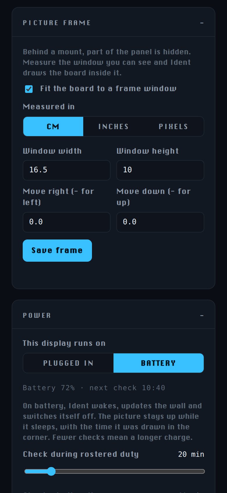 The picture frame settings: window width and height in centimetres, inches or pixels