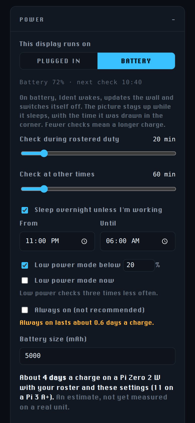 The power settings: battery at 72 percent, how often to check, overnight sleep and low power mode