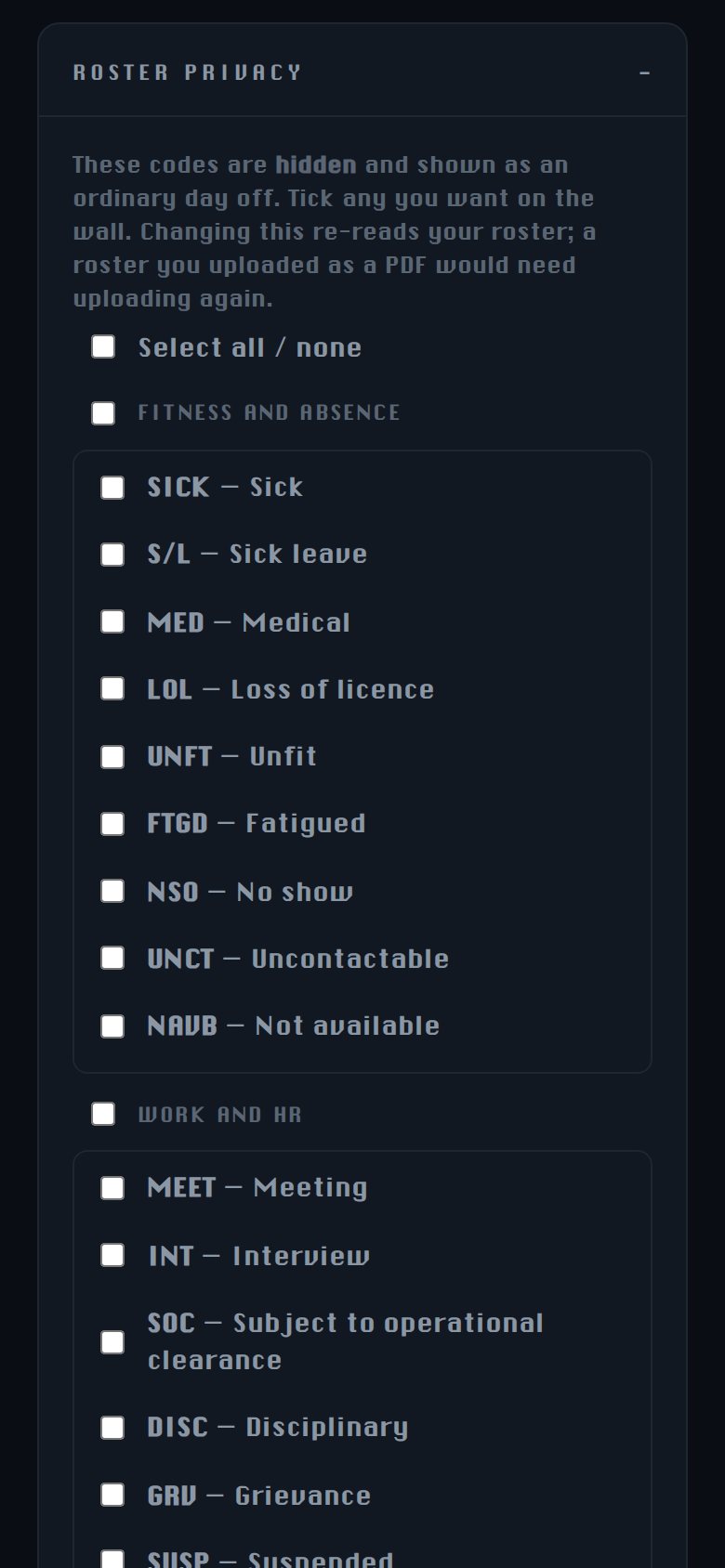 The roster privacy settings, a list of duty codes grouped by type, each with a tick box