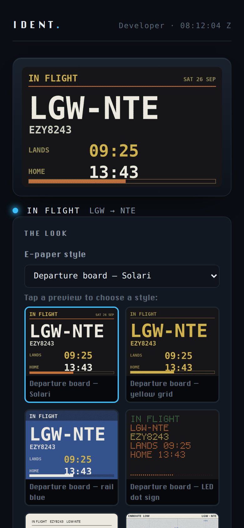 The control panel on a phone, showing the wall as it is now: in flight, Gatwick to Nantes, landing 09:25, home 13:43