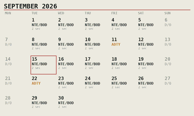 A month calendar on an e-paper panel, with flying days, days off and standby