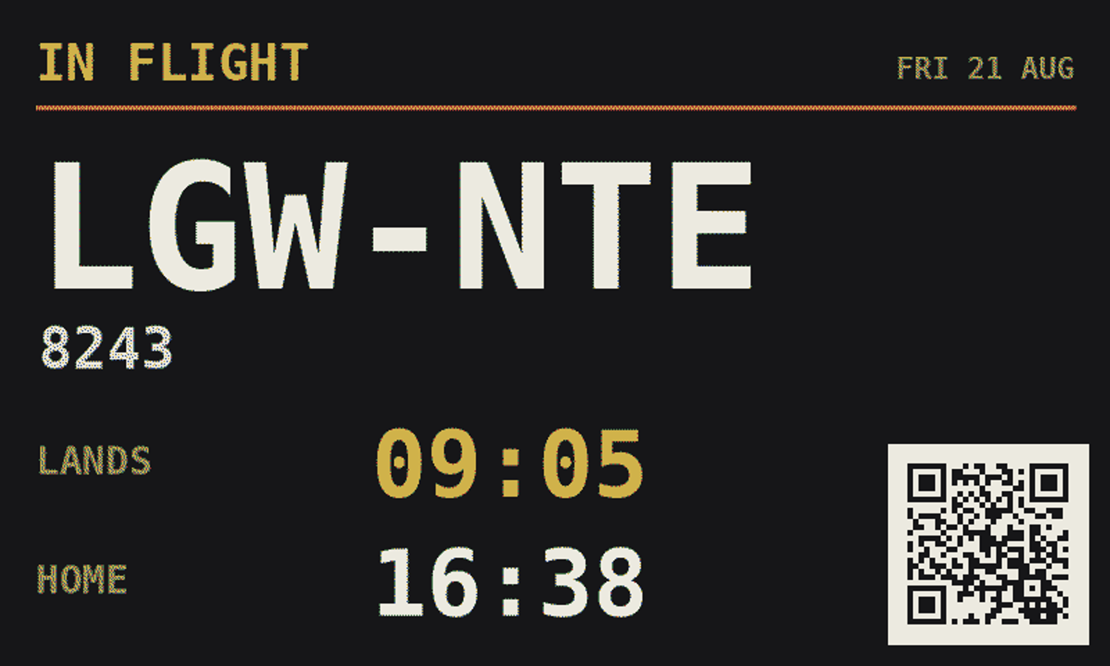 The board showing IN FLIGHT LGW to NTE, with a scannable code in the bottom corner that opens the live flight